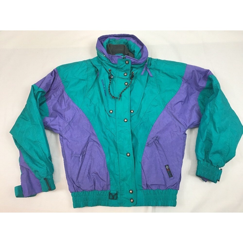 Couloir Ski Jacket Coat Vintage Womens Size 10 Green Purple Hidden Hood‎